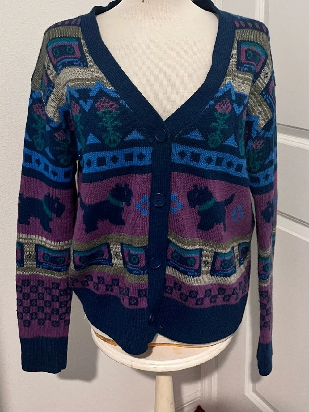 Navy Multicolor Patterned Women's Cardigan Sweater